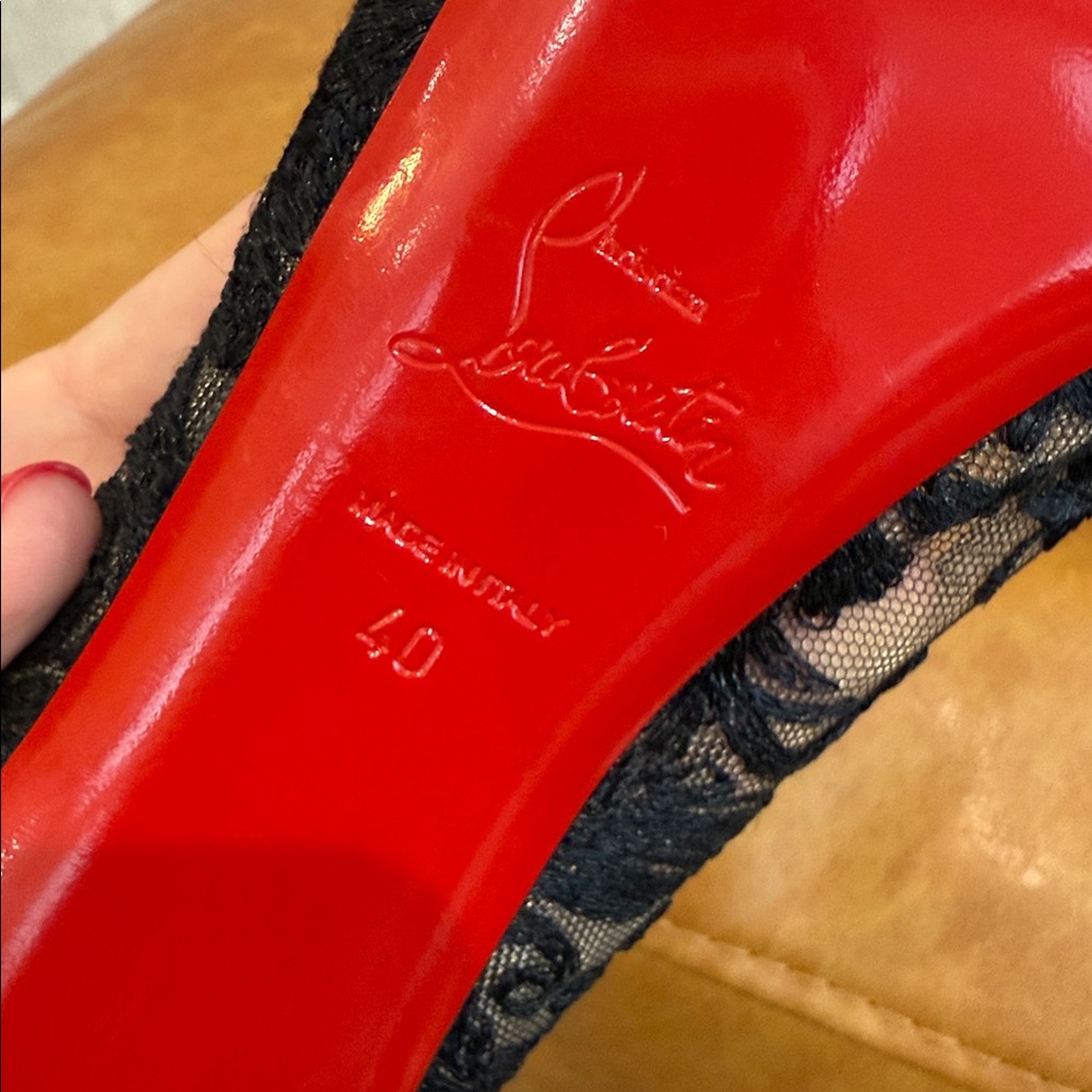 Christian Louboutin Black Lace Peep-Toe Heels - Picture 6 of 11